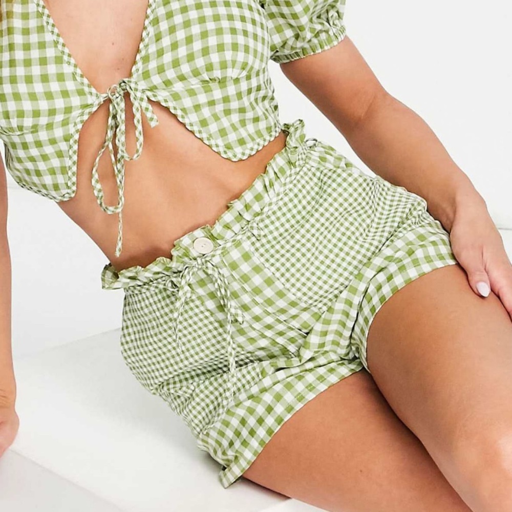 ASOS Green Gingham High-Waist Tie Shorts
